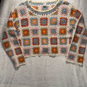 Sincerely Jules Crochet Granny Square Crop Sweater-Multicolor Cream Base Sz Sm